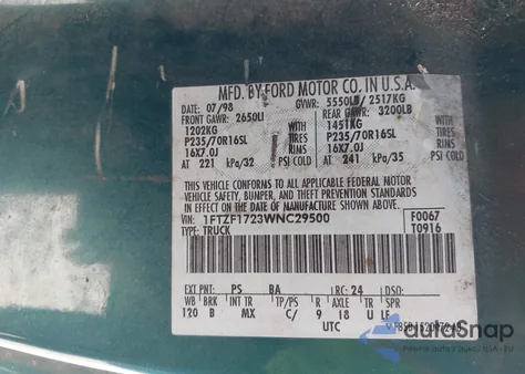 1998 Ford F150 z USA, uszkodzony, nr VIN 1FTZF1723WNC29500